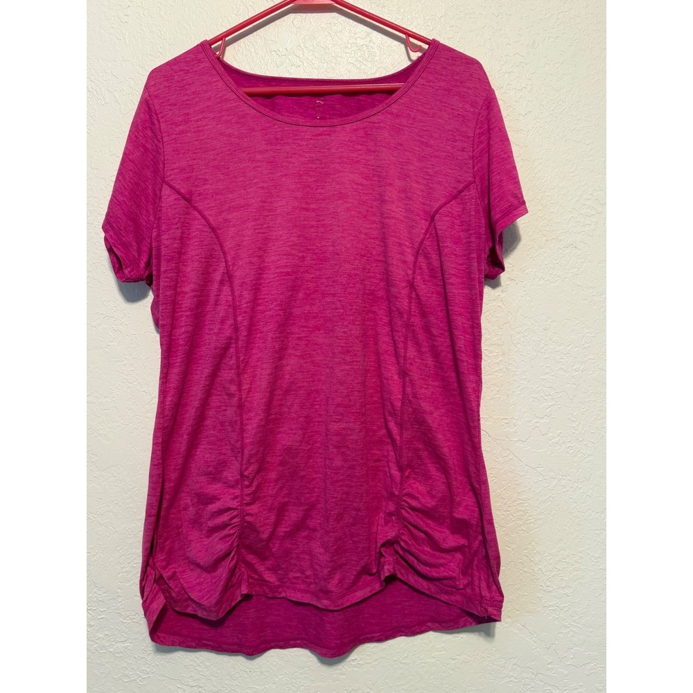 Gaia Magenta Pink Heathered Ruched Side Cutout Back Activewear Top Short Sleeve